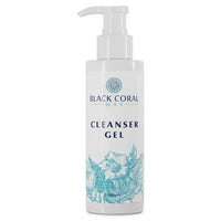 A white pump bottle labeled Cleanser Gel 400ml from Black Coral Wax USA, adorned with blue floral illustrations, ideal for waxing skin prep or as a gentle pre-waxing cleanser.