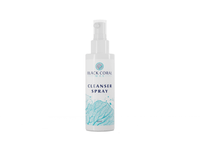 A white bottle of Black Coral Wax USA Mae Mae Waxing Kit cleanser features a pump top and light blue coral art, designed for waxing essentials and sensitive skin, shown against a plain white background.