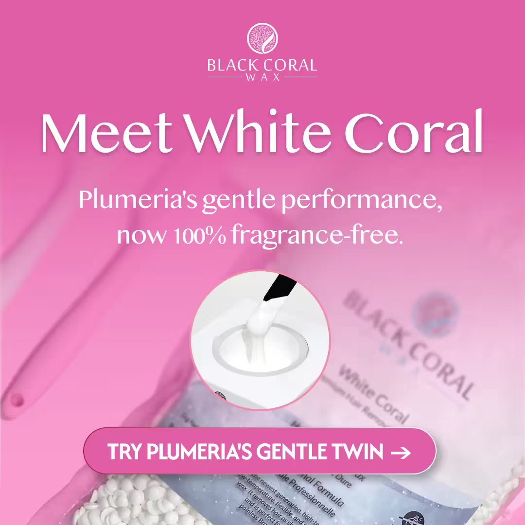 Advertisement for Black Coral Wax White Coral product on a pink background