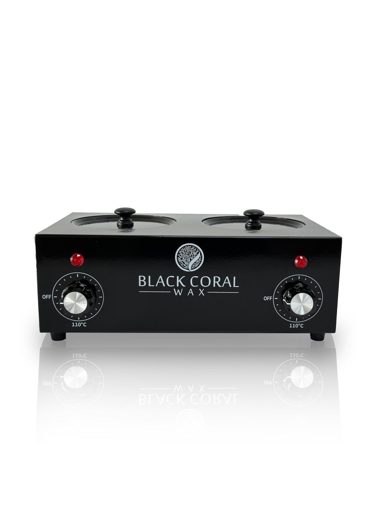 The Double (2x1lb) Wax Warmer by Black Coral Wax USA features two clear-lidded pots with silicone inserts, dual temperature control knobs, red indicator lights, and the brand’s logo on the front, shown against a white background.