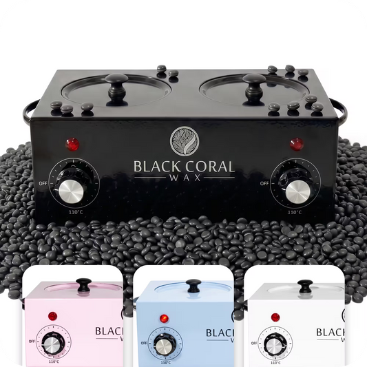 Black Coral Wax dual chamber double wax warmer in black – professional wax machine and wax pot available in pink, light blue and white