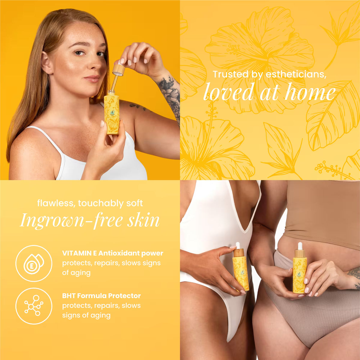 A promotional image for Black Coral Wax USA's ili Oil 60ml Ingrown Oil features women with yellow bottles, benefits listed, and “Trusted by estheticians, loved at home” on a yellow floral background—ideal as an ingrown or post-waxing oil.