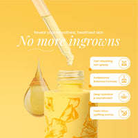 A dropper dispenses Black Coral Wax USA’s ili Oil 60ml Ingrown Oil into a yellow floral bottle, highlighting benefits like fast absorption, botanical formula, deep hydration, and fresh citrus scent—ideal post-wax moisturizer.