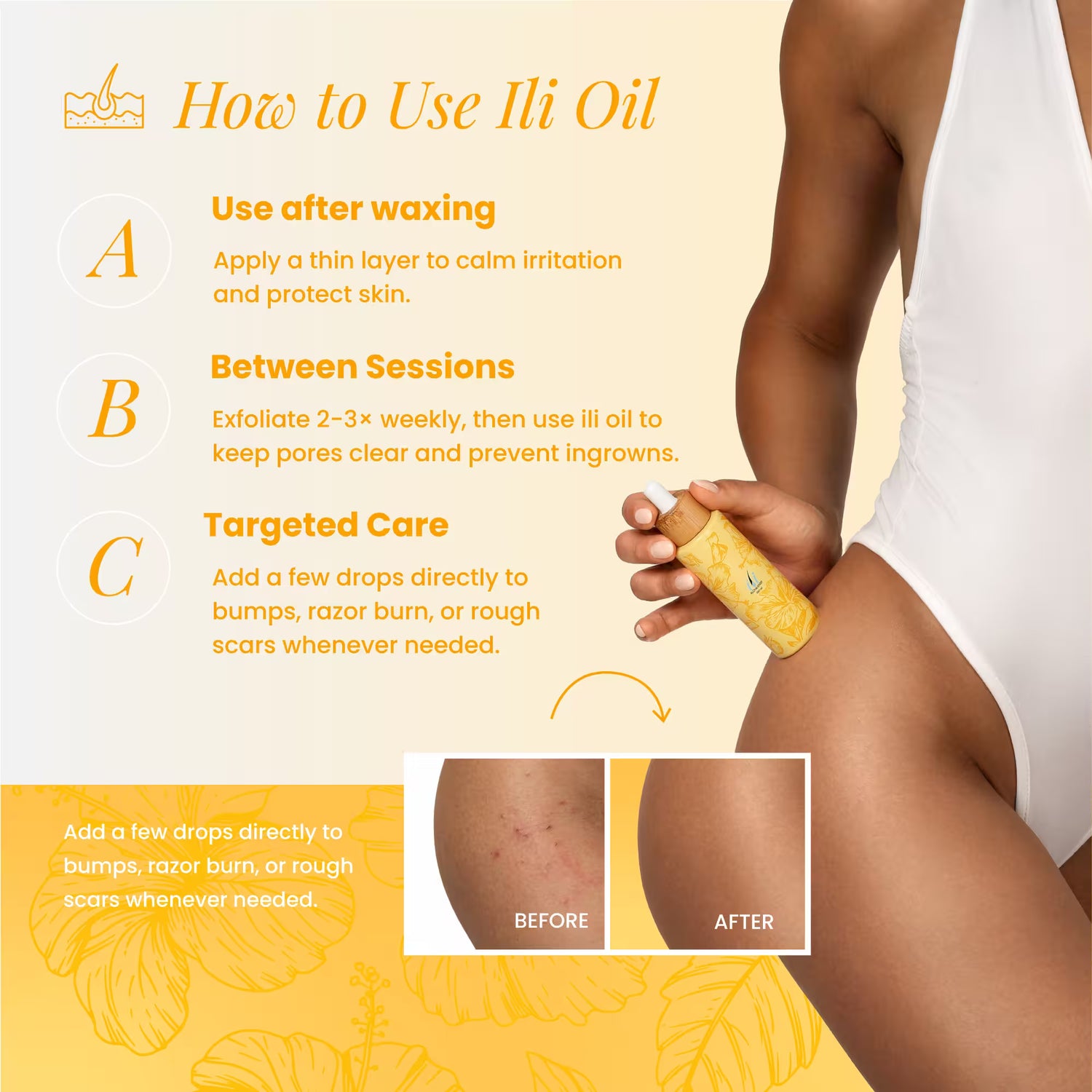 A person applies Black Coral Wax USA’s ili Oil 60ml Ingrown Oil to their thigh. A before-and-after shows smoother, hydrated skin. Text highlights use post-waxing, between sessions, and for targeted ingrown care.
