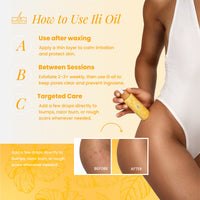 A person applies Black Coral Wax USA’s ili Oil 60ml Ingrown Oil to their thigh. A before-and-after shows smoother, hydrated skin. Text highlights use post-waxing, between sessions, and for targeted ingrown care.