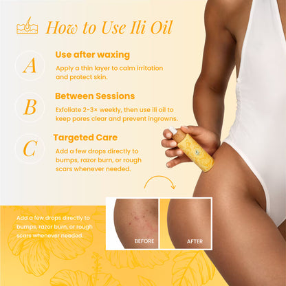 A person applies Black Coral Wax USA’s ili Oil 60ml Ingrown Oil to their thigh. A before-and-after shows smoother, hydrated skin. Text highlights use post-waxing, between sessions, and for targeted ingrown care.