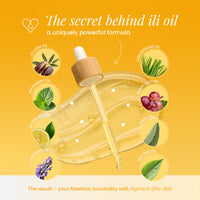 A dropper of Black Coral Wax USA's ili Oil 60ml Ingrown Oil is shown with jojoba, peppermint, lemon peel, lavender, lemongrass, grape seed, sage, and tea tree oils—ideal for moisturizing skin after waxing. Text appears on a yellow background.
