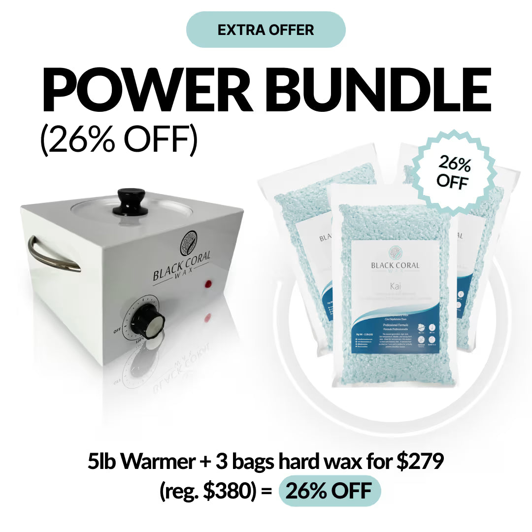 Image shows the POWER BUNDLE by Black Coral Wax USA with 26% off: includes a 5lb wax warmer and three Blue Black Coral hard wax bags. Now $279 (was $380). Discount is highlighted for this professional waxing set.