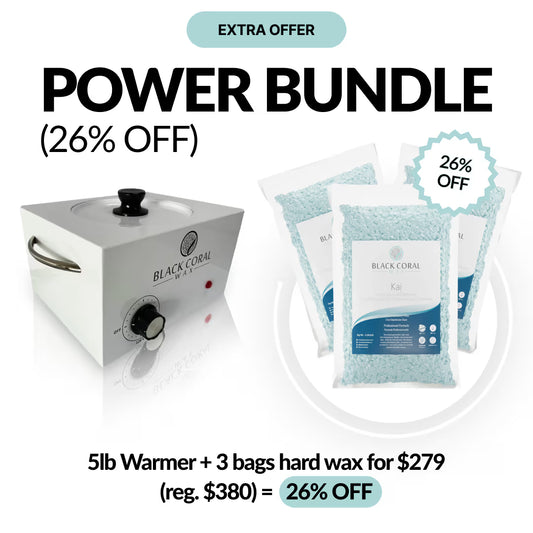 Image shows the POWER BUNDLE by Black Coral Wax USA with 26% off: includes a 5lb wax warmer and three Blue Black Coral hard wax bags. Now $279 (was $380). Discount is highlighted for this professional waxing set.
