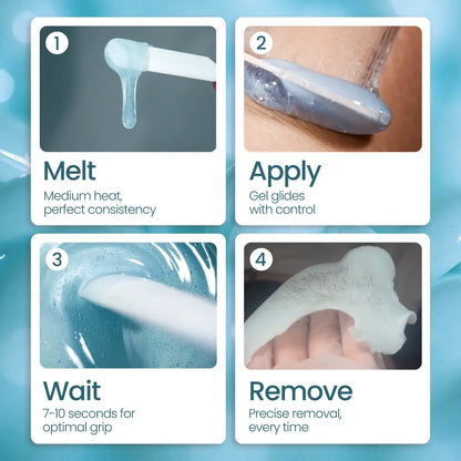 Follow these four steps for Kai Hard Wax by Black Coral Wax USA: 1. Melt gel to the right texture, 2. Apply smoothly like hard wax, 3. Wait 7–10 seconds for grip, 4. Remove cleanly in one piece—all shown with close-up images.