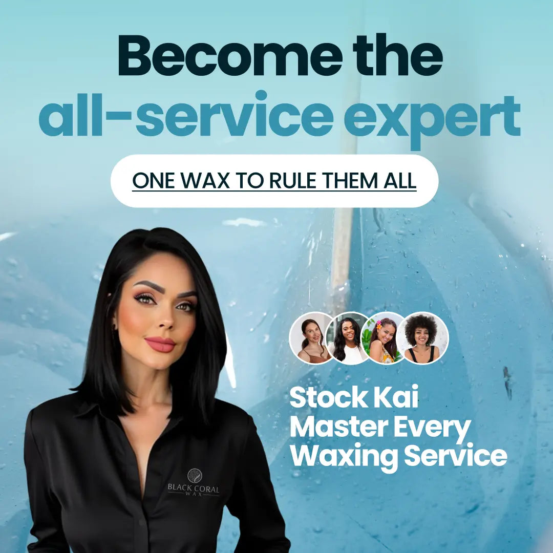 A woman with dark hair in a Black Coral Wax USA shirt stands before a blue wax backdrop. Text reads: Become the all-service expert. Kai Hard Wax—one formula for every hair removal need. Four diverse women’s portraits are shown.