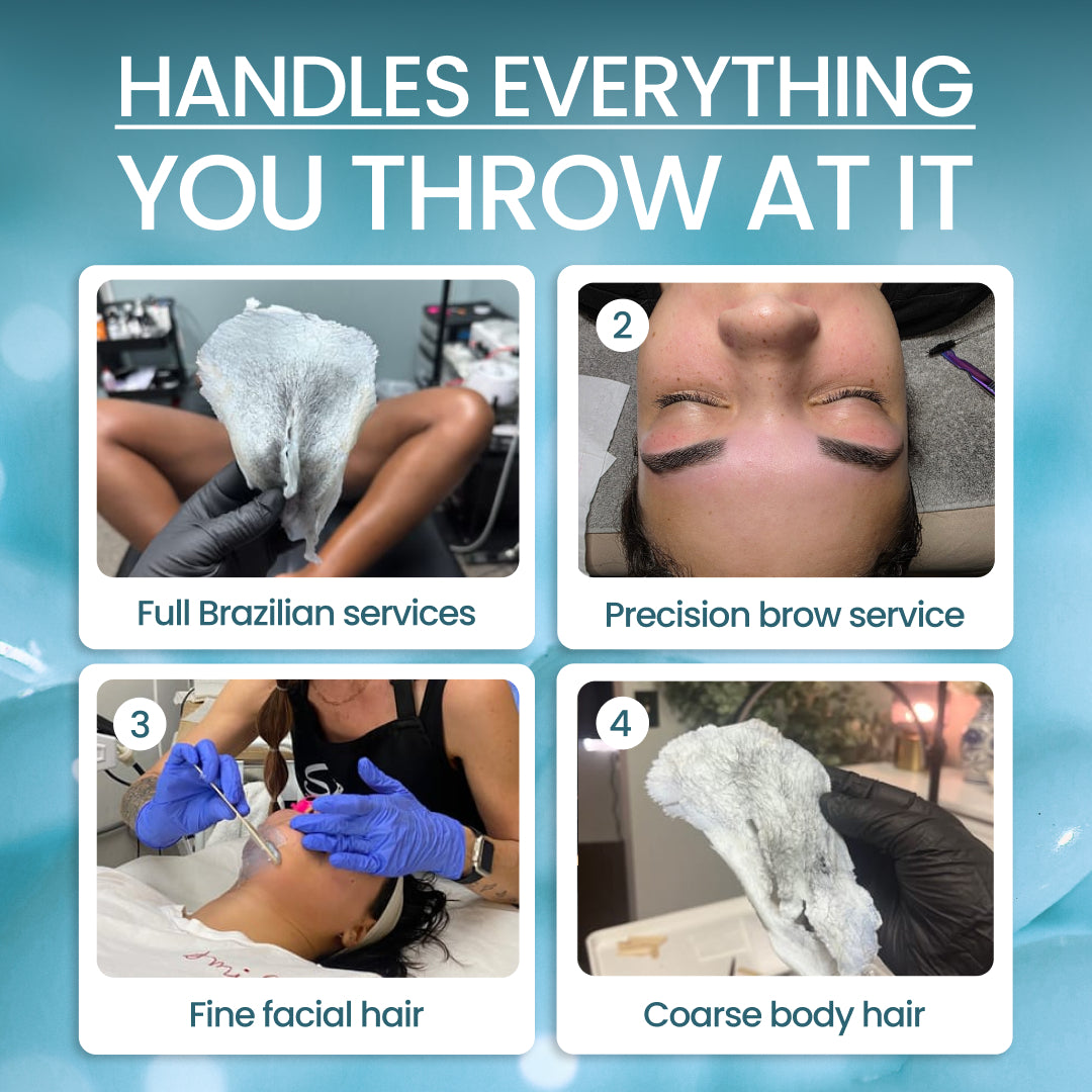 A collage titled Handles everything you throw at it shows Brazilian waxing, eyebrow shaping, threading facial hair, and removing coarse body hair—each expertly done with Kai Hard Wax by Black Coral Wax USA for efficient hair removal.