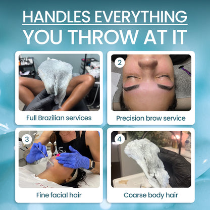 A collage titled Handles everything you throw at it shows Brazilian waxing, eyebrow shaping, threading facial hair, and removing coarse body hair—each expertly done with Kai Hard Wax by Black Coral Wax USA for efficient hair removal.