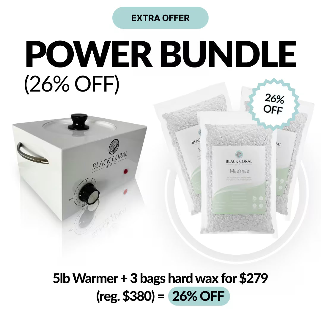 Image shows a 26% off promo for the POWER BUNDLE by Black Coral Wax USA, including a 5lb wax warmer and three bags of hard wax for $279 (regularly $380).