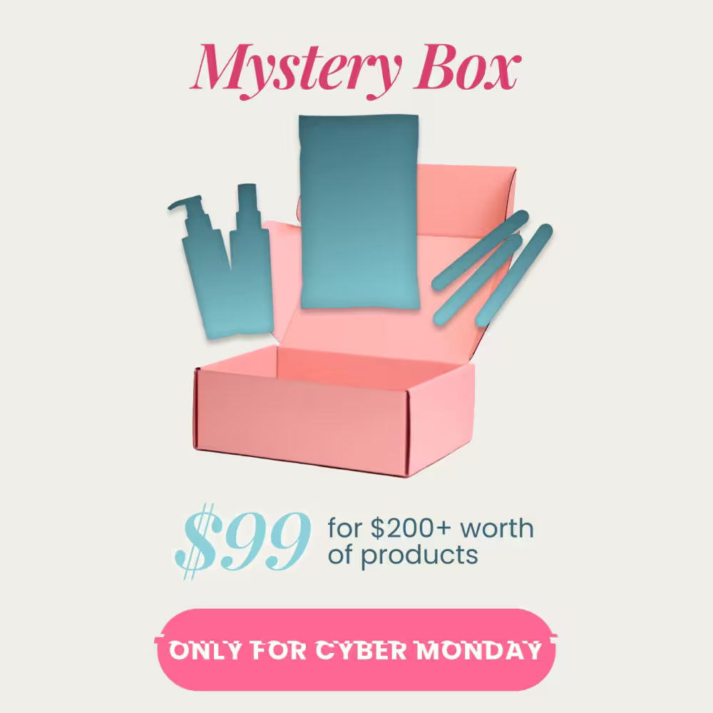 A pink open Mystery Box from Black Coral Wax USA with blue silhouettes of beauty and hair items. Get $200+ value for $99, including Black Coral Wax. Only available on Cyber Monday. Light background.