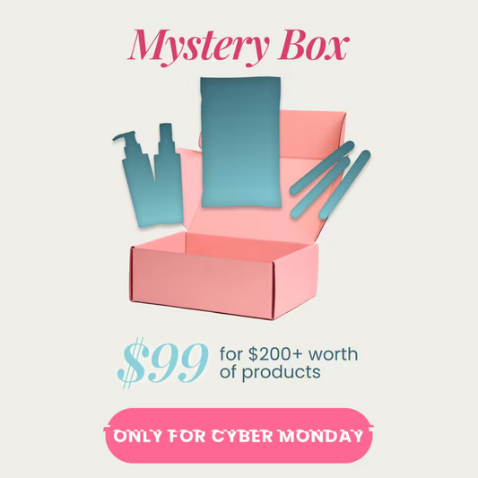 A pink open Mystery Box from Black Coral Wax USA with blue silhouettes of beauty and hair items. Get $200+ value for $99, including Black Coral Wax. Only available on Cyber Monday. Light background.