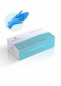 A box of Nitrile Gloves 100pcs by Black Coral Wax USA, in white with aqua-blue accents, features a circular image of blue gloves being worn—ideal for salon professionals.