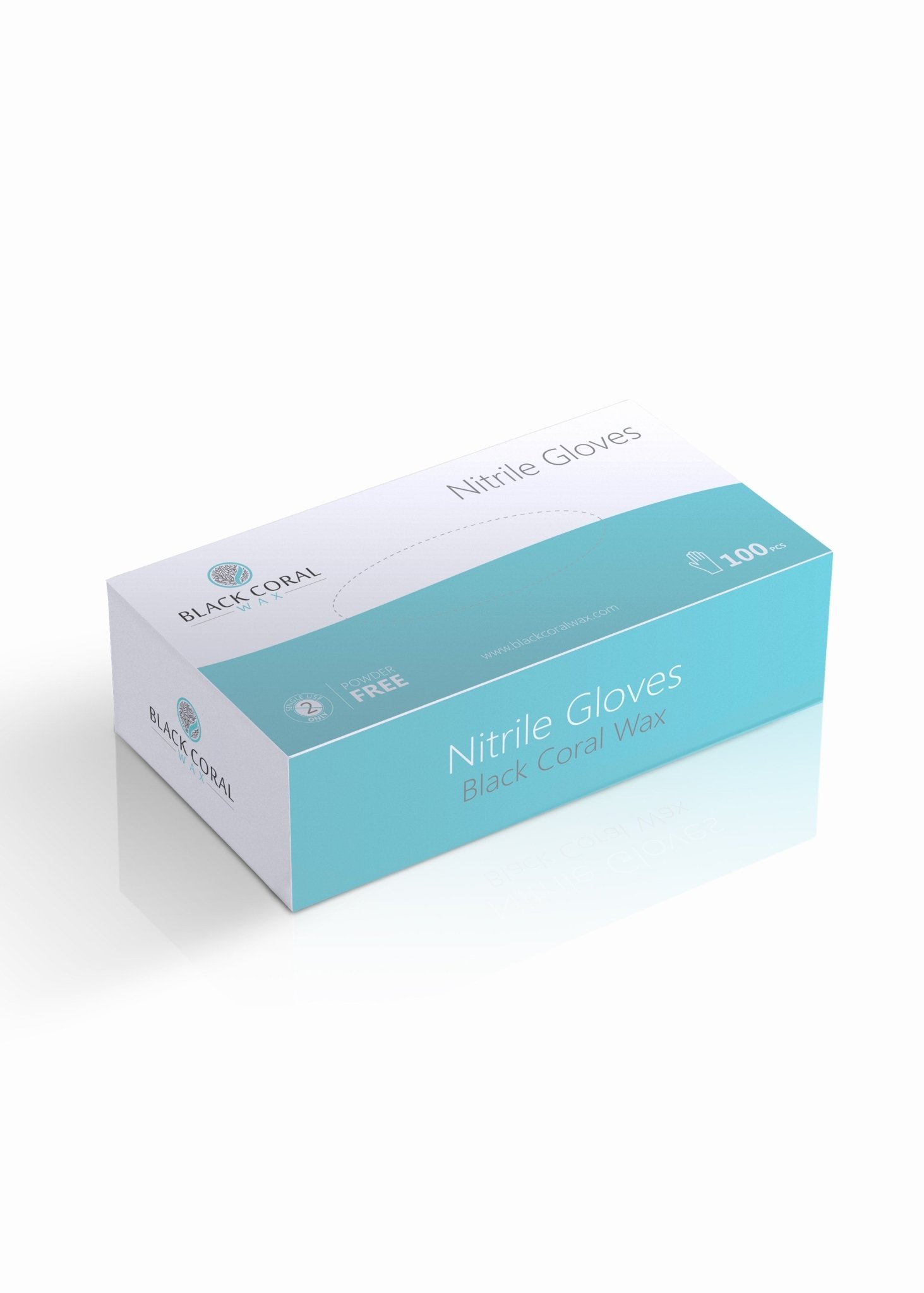 A rectangular box of Nitrile Gloves 100pcs by Black Coral Wax USA, mainly white and turquoise with clear labeling, is shown on a white background—perfect for salon professionals.