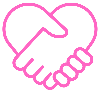 A simple pink line drawing depicting two hands shaking, with the combined shape forming a heart. The design symbolizes unity, friendship, and love. The background is clear, allowing the pink outline to stand out prominently.