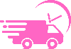 Pink icon of a delivery truck with motion lines, a clock integrated into its outline, suggesting fast or time-sensitive delivery.