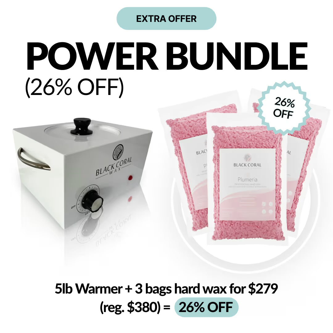 Image of the POWER BUNDLE by Black Coral Wax USA—includes a 5lb wax warmer and three bags of pink hard wax. This pro set is 26% off ($279, reg. $380). Extra Offer highlighted at the top.