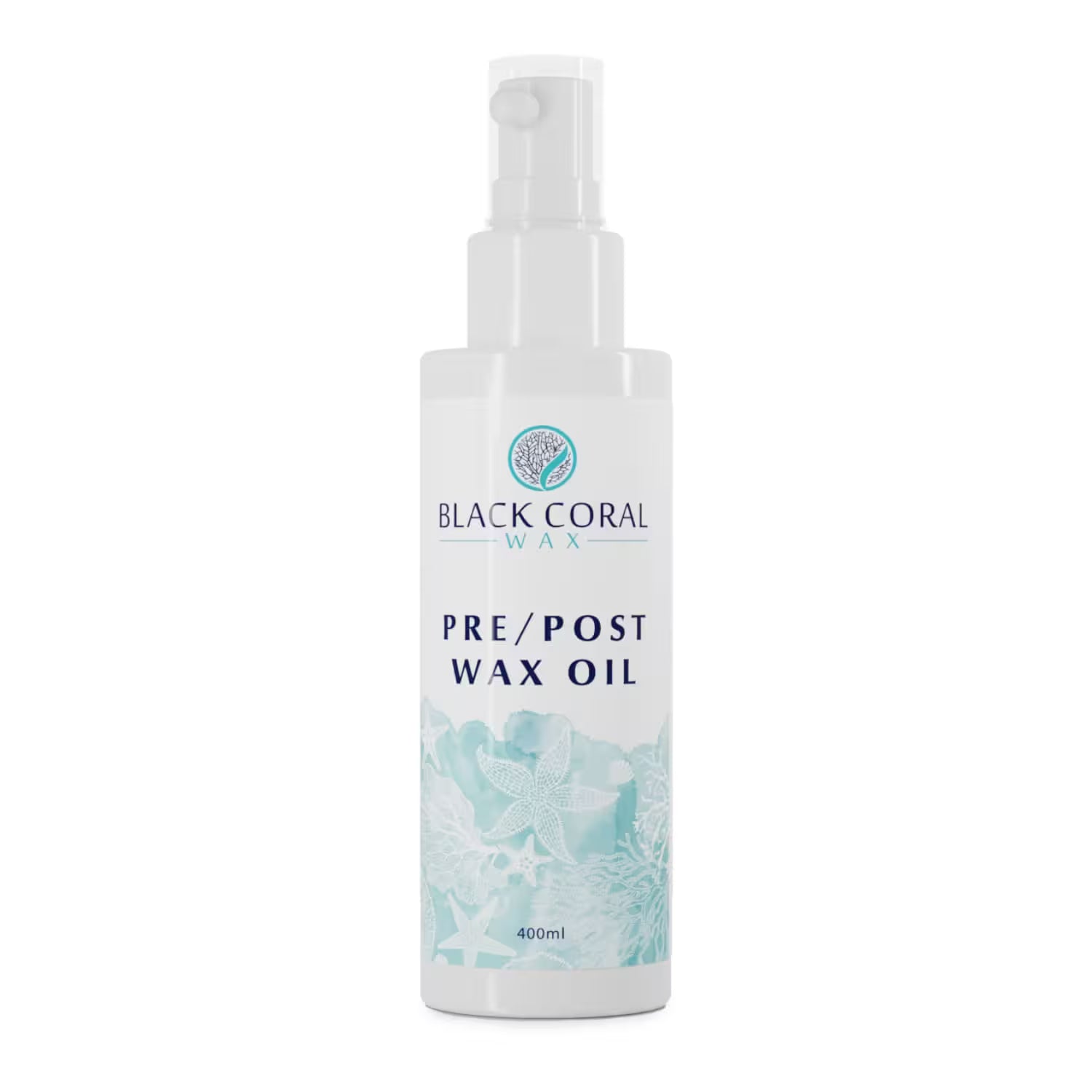 Black Coral Wax USA Post-Wax Oil 400ml comes in a white pump bottle with blue coral graphics and text—perfect for skin care as both a pre- and post-wax oil.