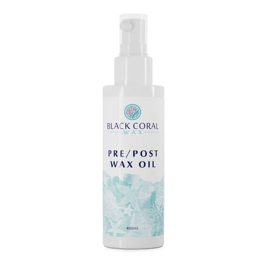 Black Coral Wax USA Post-Wax Oil 400ml comes in a white pump bottle with blue coral graphics and text—perfect for skin care as both a pre- and post-wax oil.
