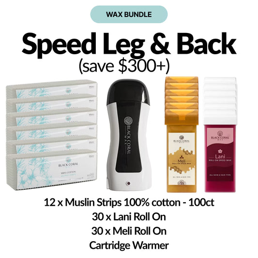 Discover the Speed Leg & Back Waxing Kit by Black Coral Wax USA—a pro set with 12 boxes of muslin strips, a cartridge warmer, and 60 Lani and Meli soft wax cartridges. Save over $300 on this exclusive waxing bundle!.