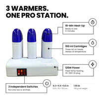 Black Coral Wax USA Triple Roll-On Wax Warmer station with three individual heating units and power switches, featuring an 18-minute heat-up time, 100 ml cartridge capacity, 120W power, and compact dimensions.