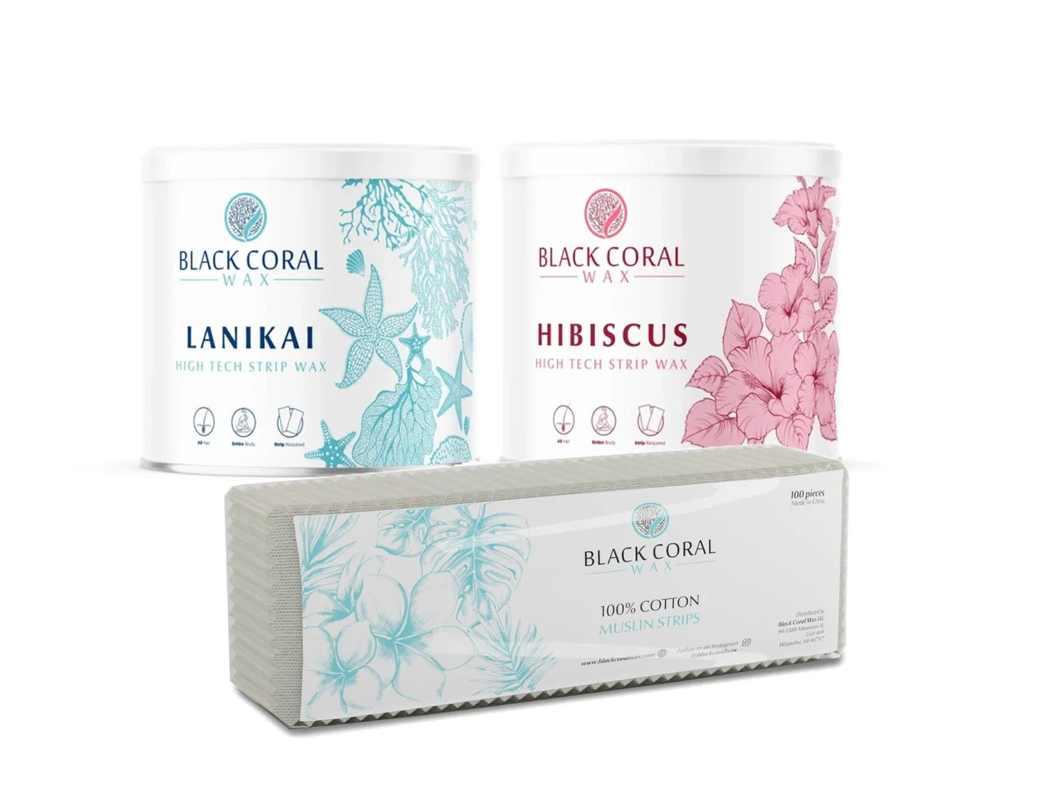 Black Coral Wax USA’s Two Soft Waxes and Muslin Strips 100 ct features two waxes—Lanikai (teal label) and Hibiscus (pink floral)—plus a box of 100% cotton muslin strips with floral designs.