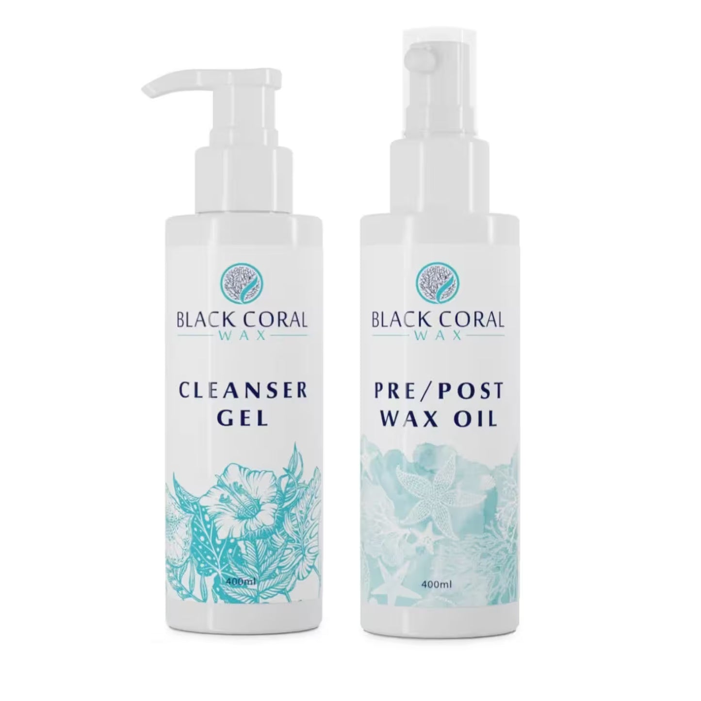 Two white pump bottles labeled Pre/Post Wax Care KIT by Black Coral Wax USA, featuring teal floral and sea-inspired designs.