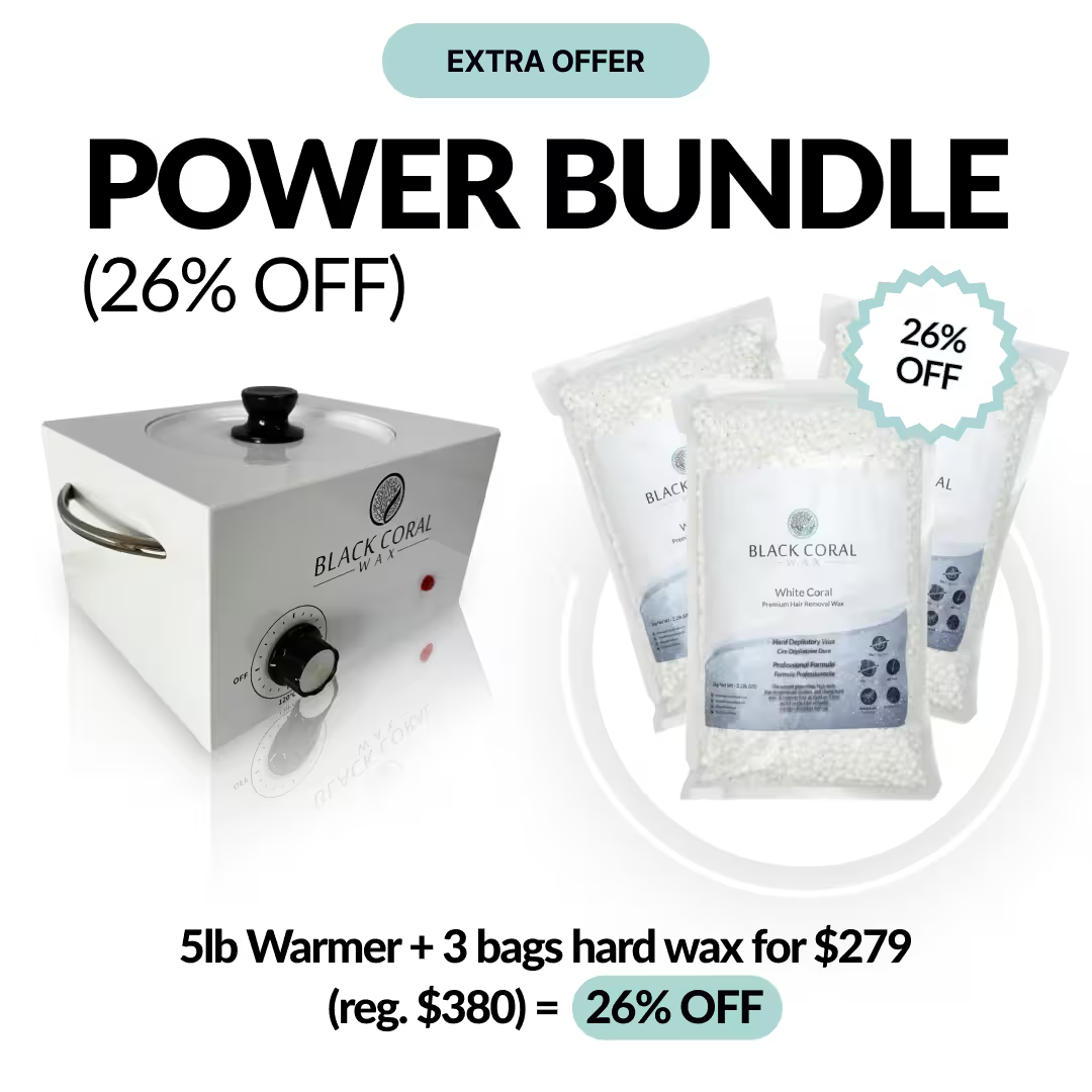 Promotional image of the Black Coral Wax USA POWER BUNDLE: 5lb wax warmer plus three bags of hard wax. Text highlights Extra Offer—26% Off: 5lb Warmer + 3 bags for $279 ($380 value).